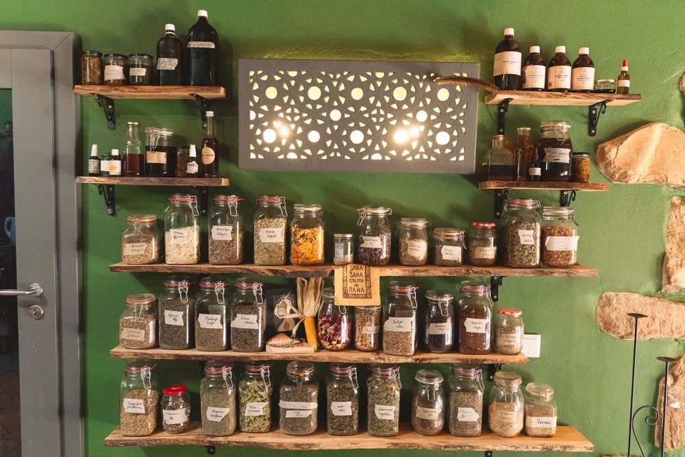 Wooden shelves on a green wall holding glass jars with dried herbs and spices, some with labels, in a kitchen or herbal shop.