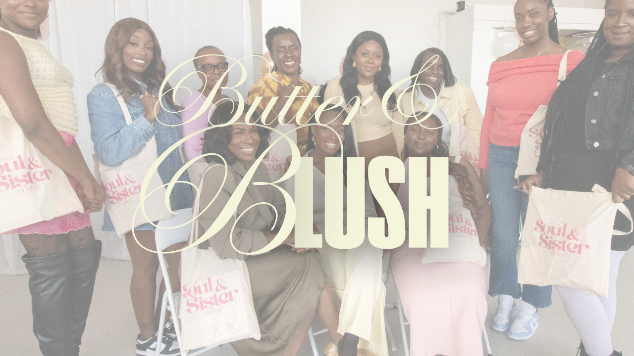 Group of women smiling, holding tote bags with 'Soul & Sister' printed on them, at a social event.