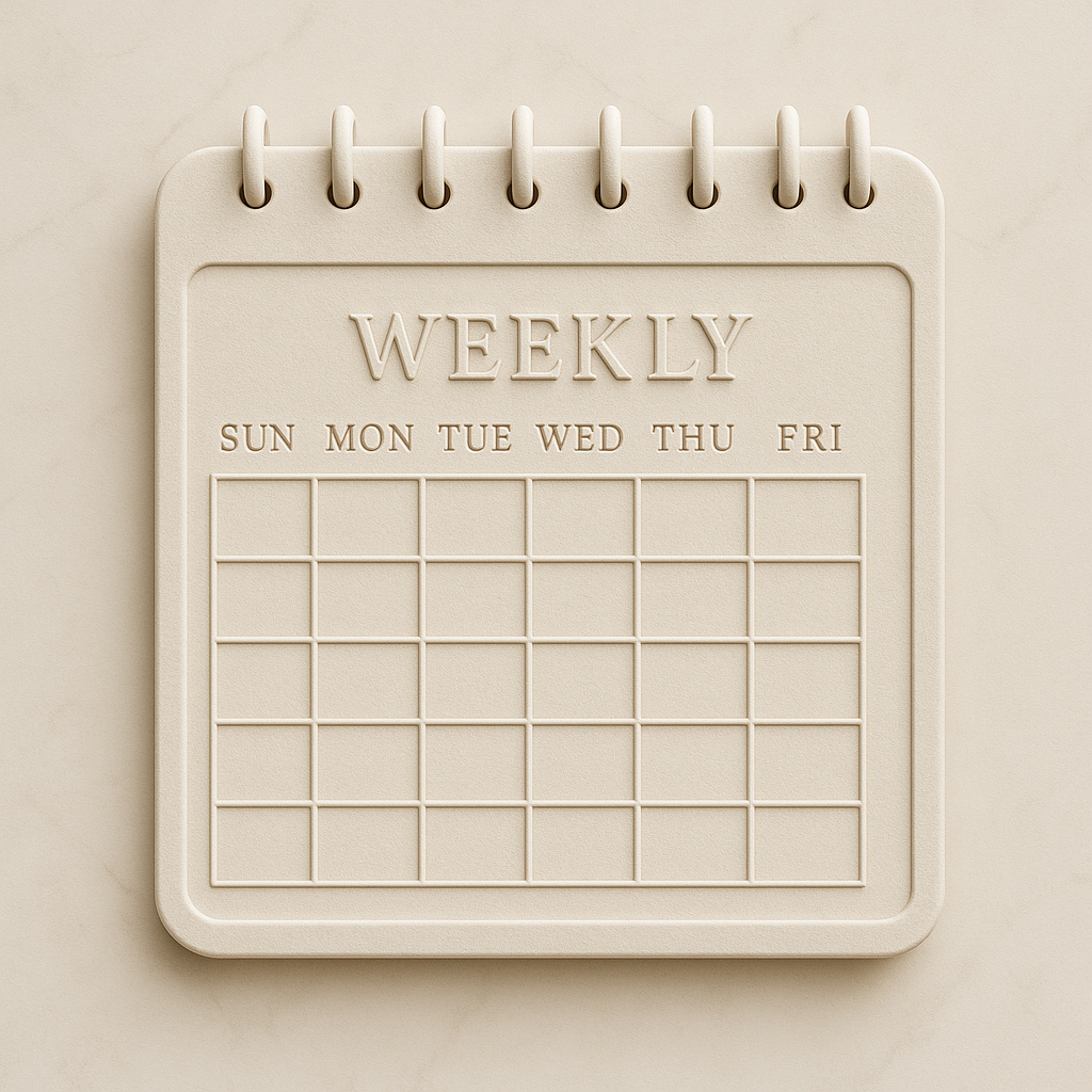 Cream-colored weekly planner with blank grid for days of the week and an area for each day in a minimalist style.