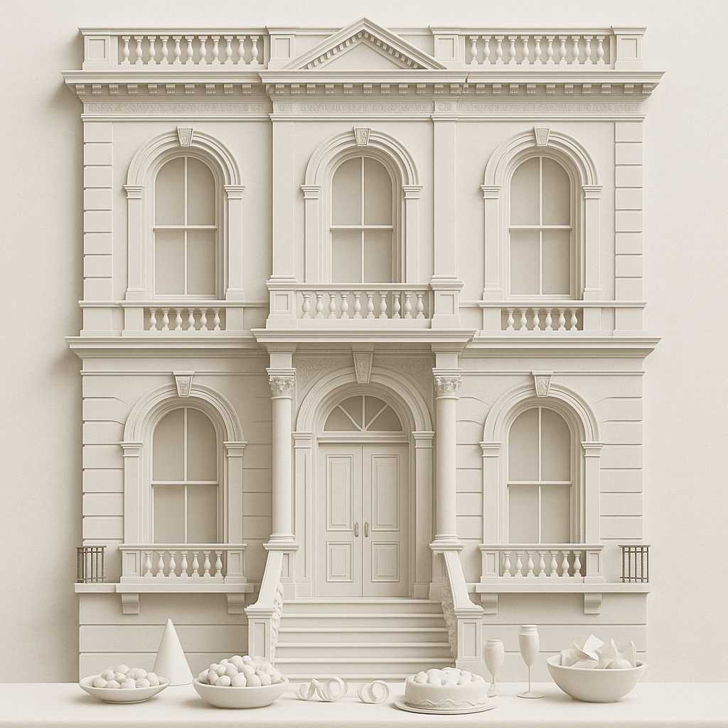 A detailed model of a neoclassical two-story house with columns, arched windows, and decorative architectural elements, all in cream or white color.