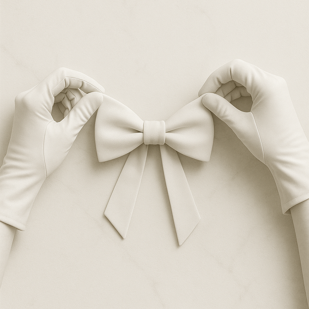 Hands in white gloves adjusting a white bow tie on a white background.