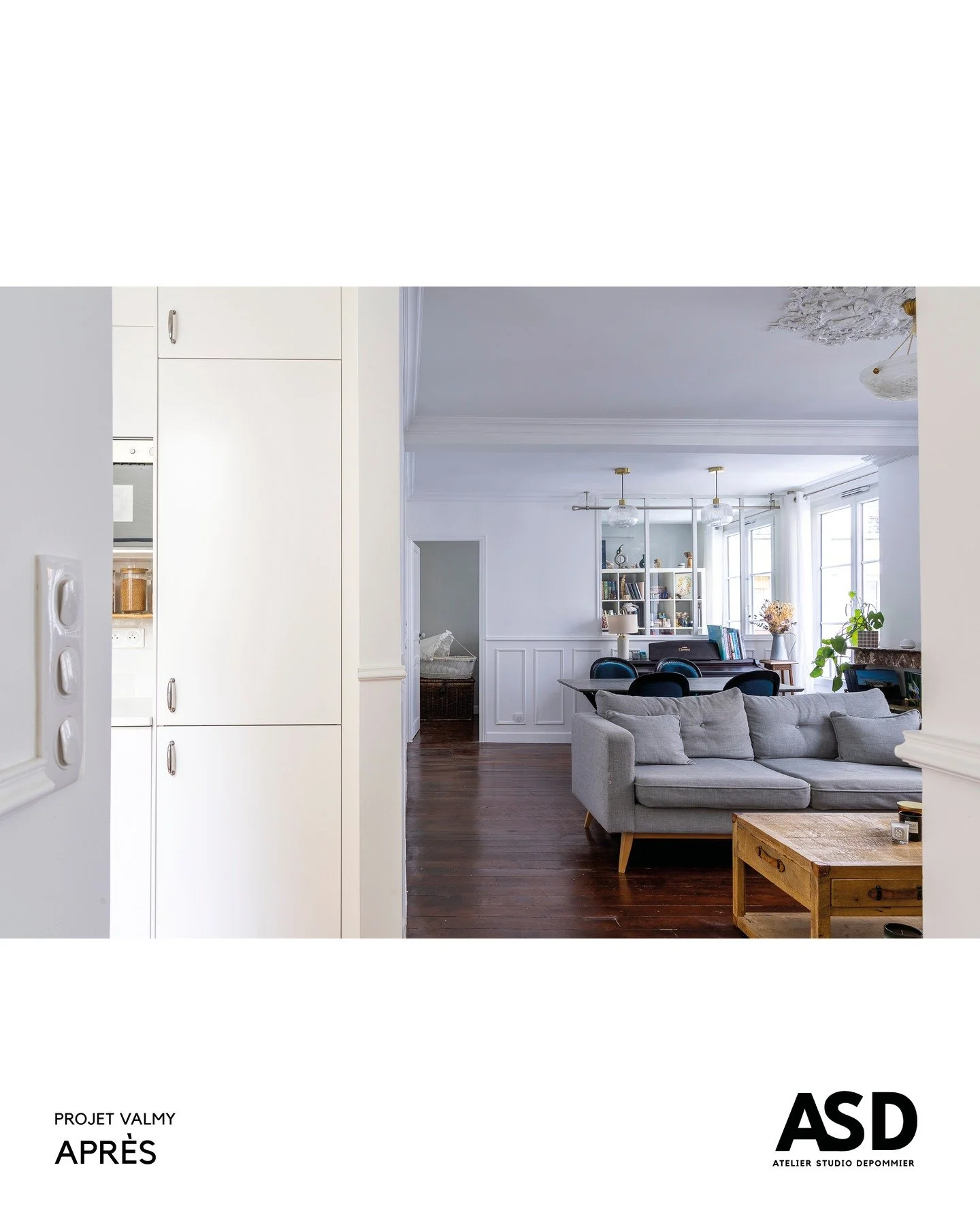 [Projet Valmy] &ndash; R&eacute;novation compl&egrave;te d&rsquo;un appartement des ann&eacute;es 1870, Paris.

Redonner un souffle &agrave; un appartement de 1870 ultra-cloisonn&eacute; : cr&eacute;er des lignes de vue pour que le regard puisse enfi