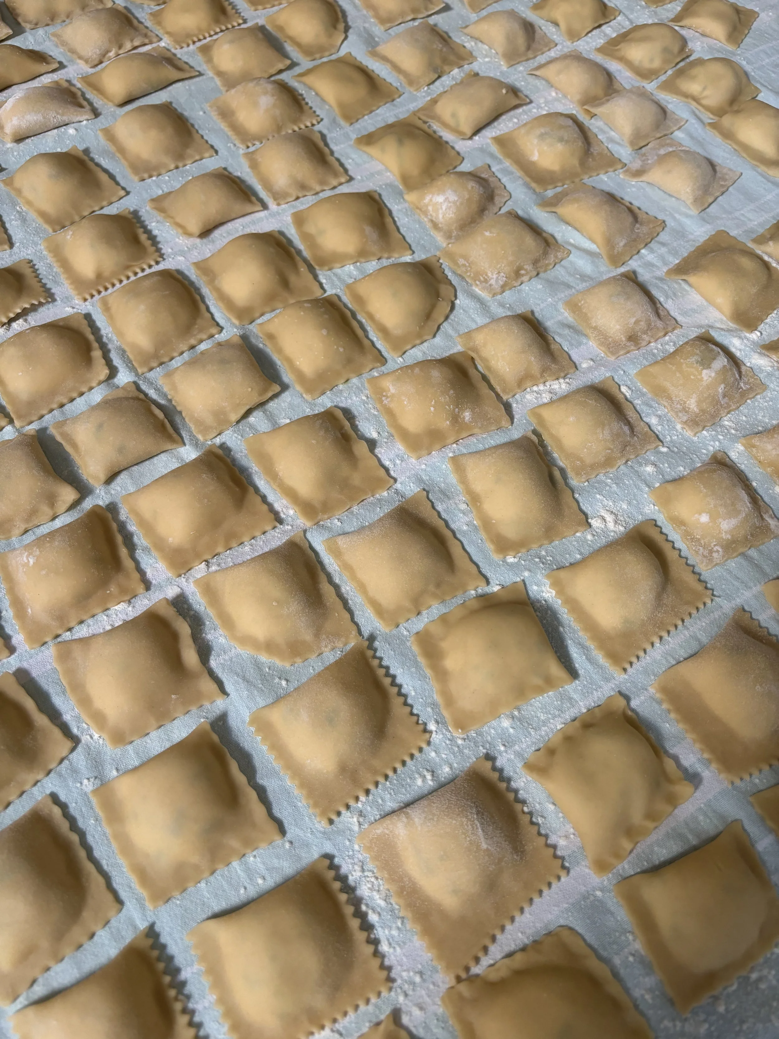 Uncooked ravioli pasta arranged in rows on a floured surface.