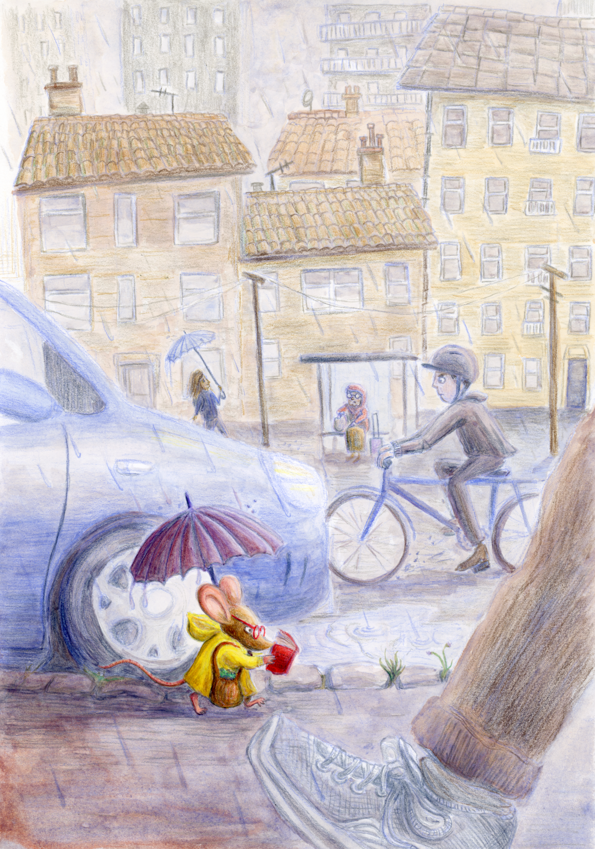 A children's book style illustration of a mouse in a yellow raincoat with red glasses walking along a rainy street with an umbrella, reading a book as she walks. There are buildings in the background and people passing by in the street.