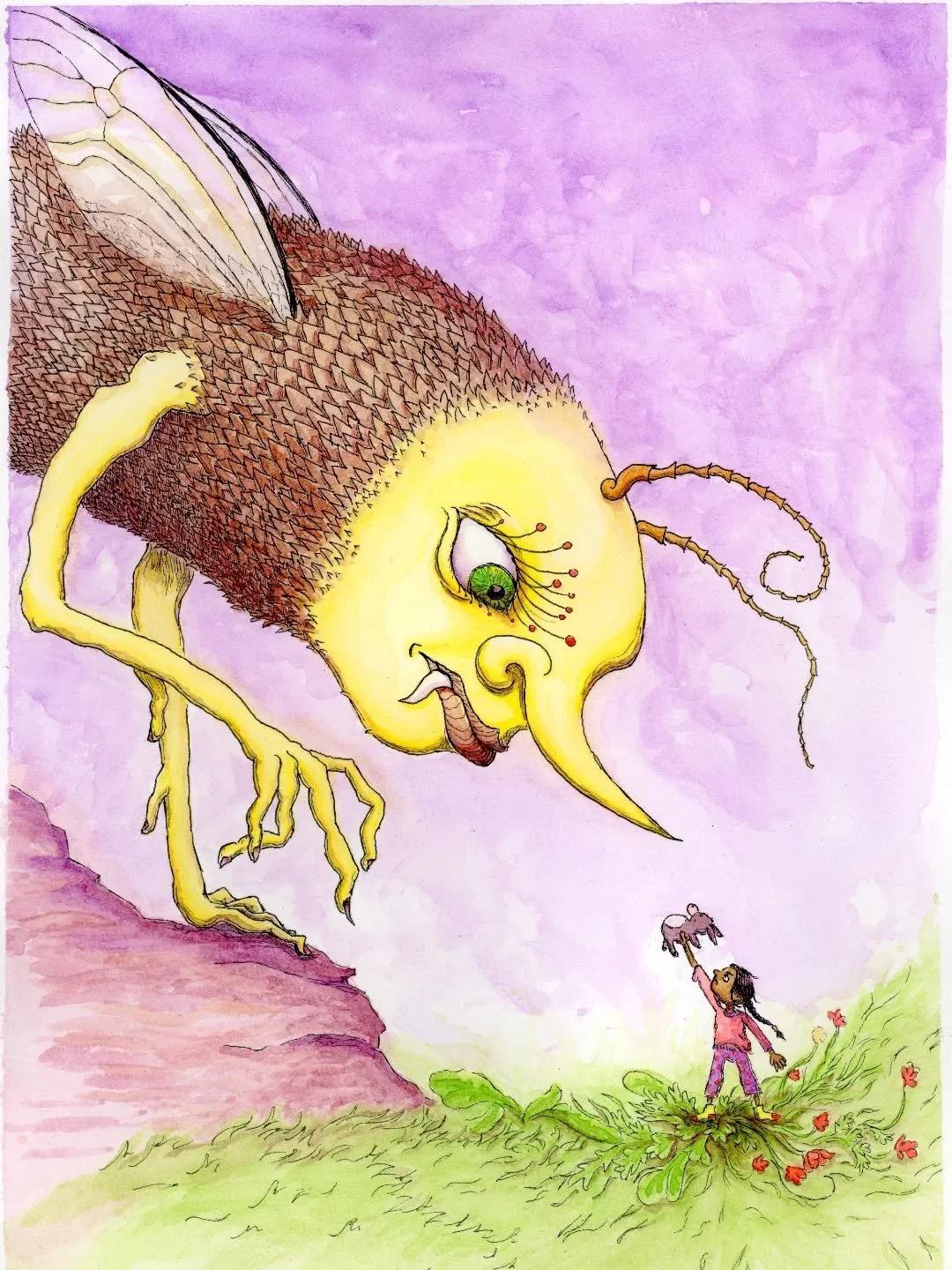 A scene of courage and standing up to power and greater force than your own. A girl finds herself alone in an otherworldly realm, with only her trusty toy donkey for company. She is approached by an unfamiliar creature, are they malevolent or benevol