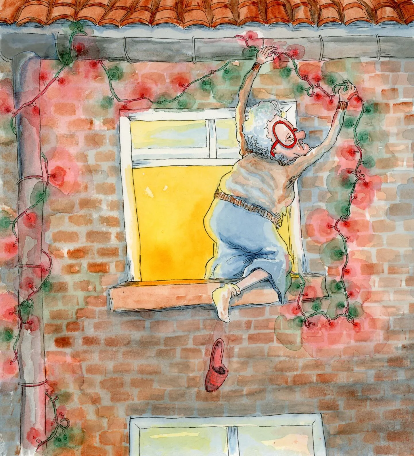 It's Christmas time! How are everyone's decorations going? 🤶 🎄 

Every year Gwen strings up her lights around the gutter of her house. She's been doing it the same way for 50 years by leaning out the window, and her method has never failed. This ye
