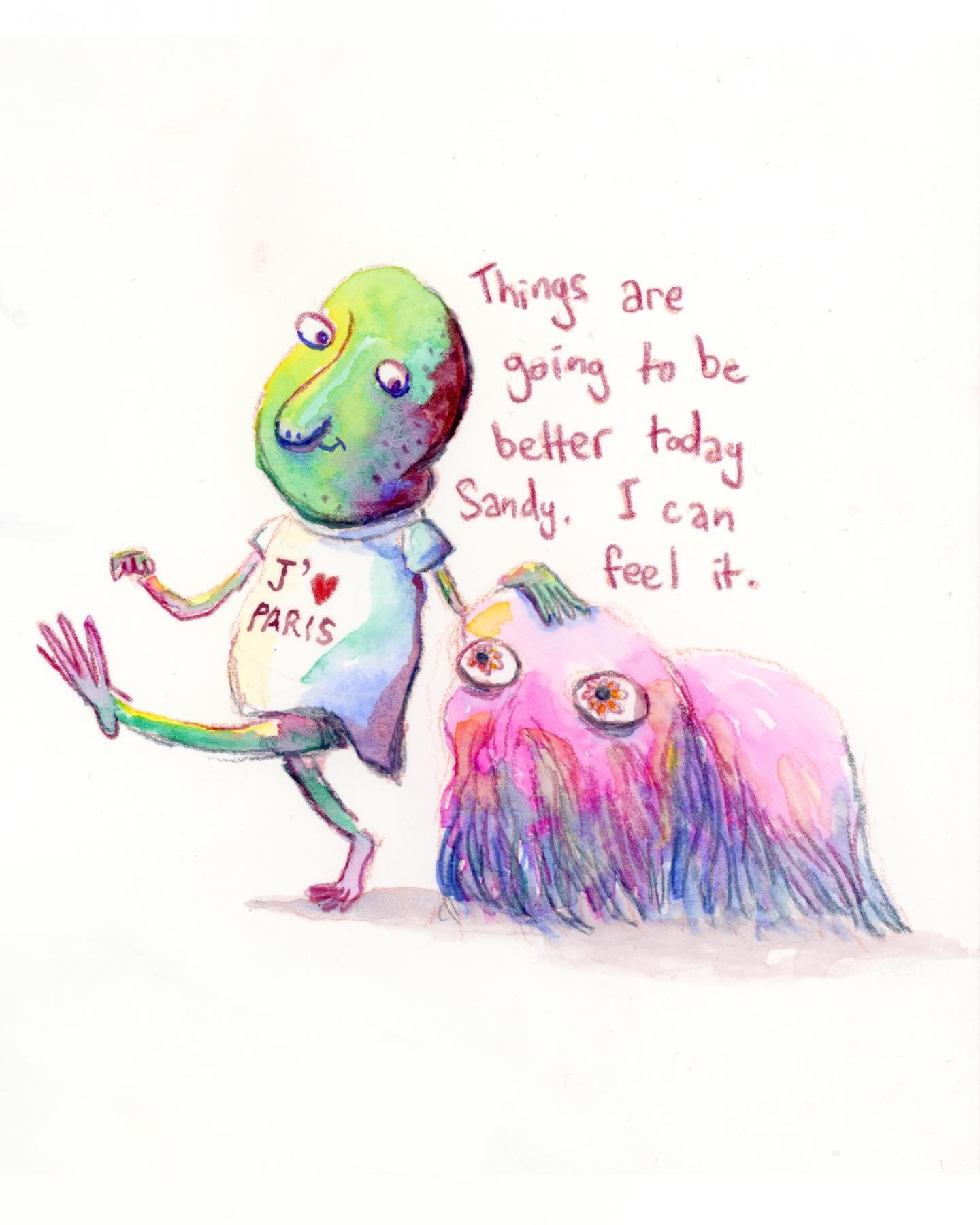 Some weird little quirky creatures and peoples saying things.

I just drew them kind of randomly and thought about what they might be saying. Enjoying this colour palette and being more free with my watercolours!

Who is your favourite? Do you relate
