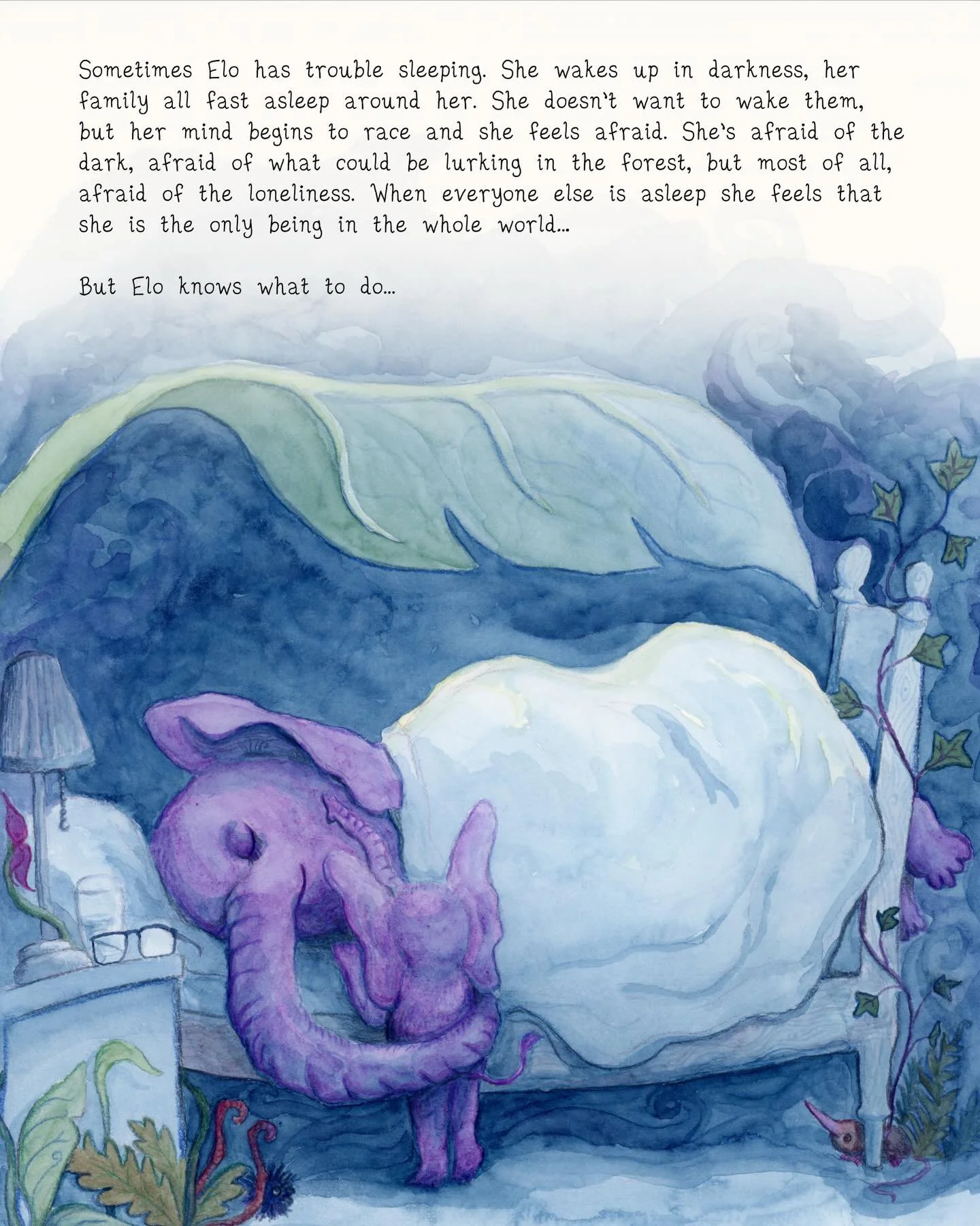 Elo wakes up in the night sometimes feeling a terrifying loneliness... but she has a solution! 🐘💜✨ 

I made this little one a while ago, starting with the last page, then I constructed a little story for her, and now I thought I&rsquo;d add a coupl