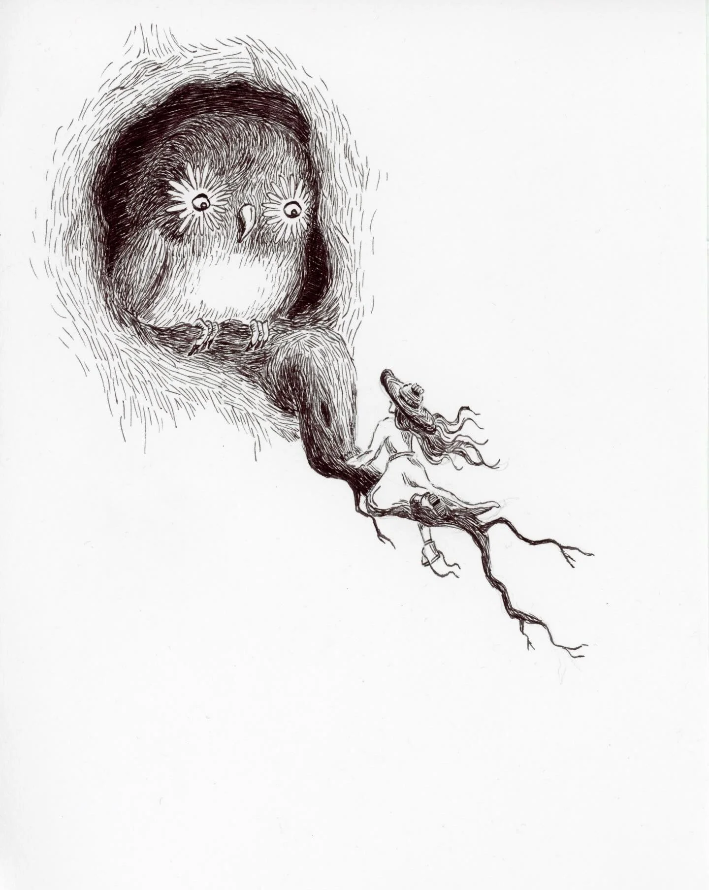 An assortment of creatures and characters and things in black and white!

These are some little drawings I did just with a pen over the weekend. There&rsquo;s a very large owl being discovered by a wandering traveller, a mushroom person chilling and 