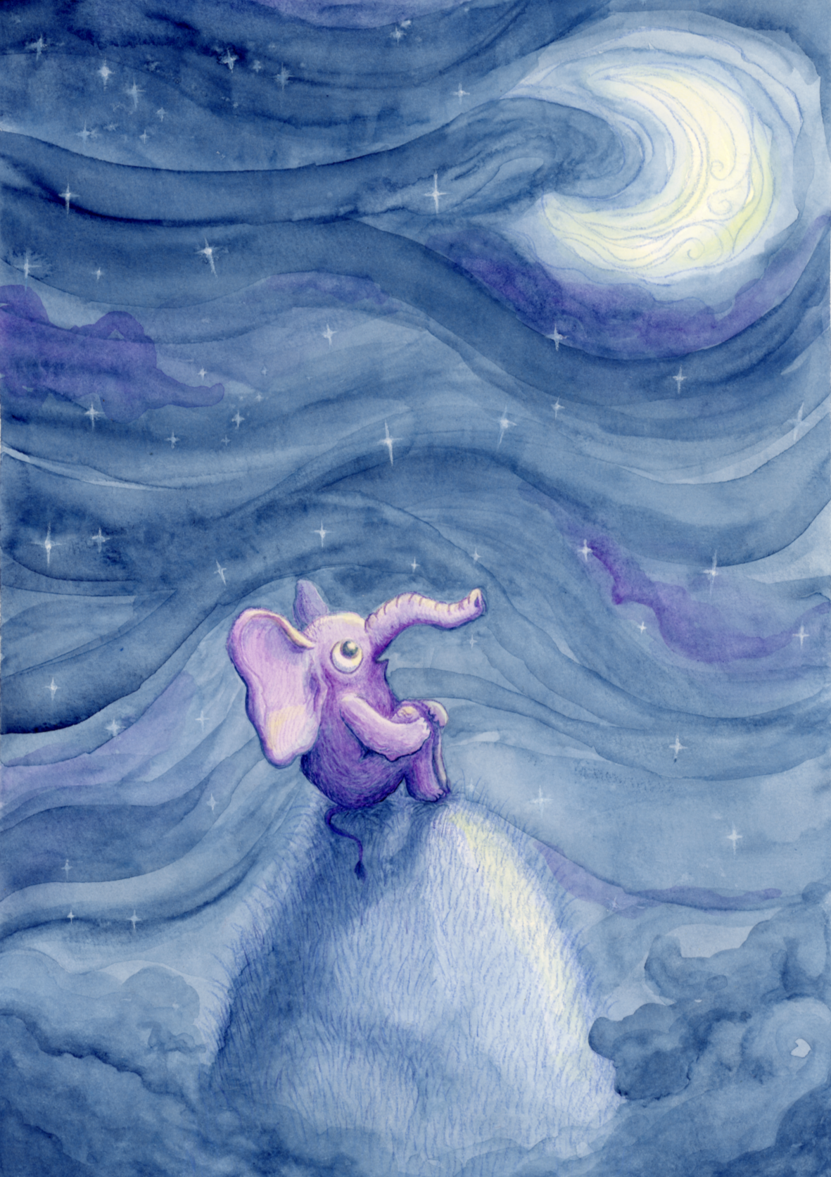 A children's book style illustration of an indigo starry night sky, with a large crescent moon with a soft yellow glow. Below, a violet-indigo elephant sits on a hill above the clouds, gazing up at the sky in wonder.