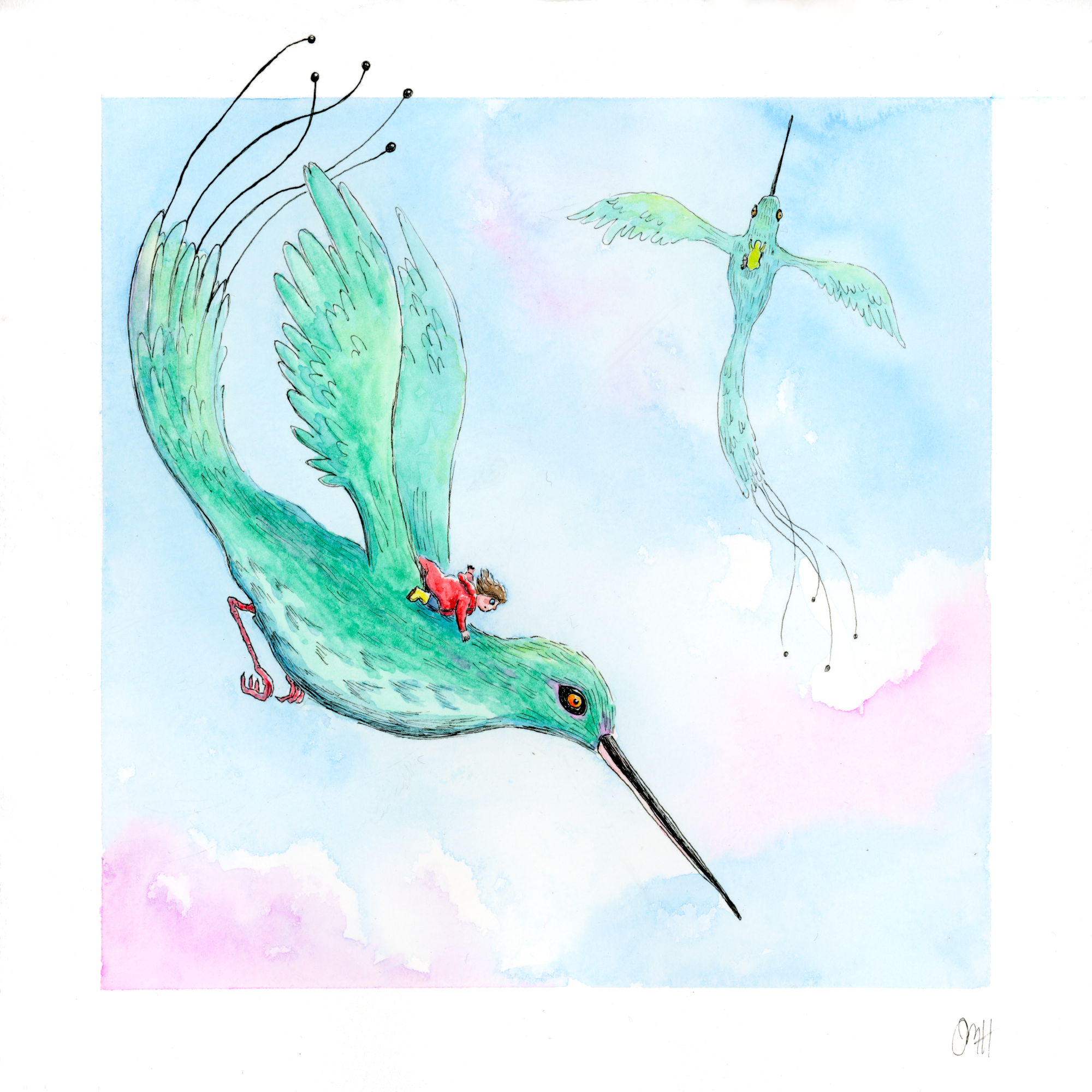 A children's picture book illustration of a child in a red raincoat and an emerald green bird with a long beak, long tail feathers and orange eyes. The bird soars through the watercolour sky as the child clings to its back.