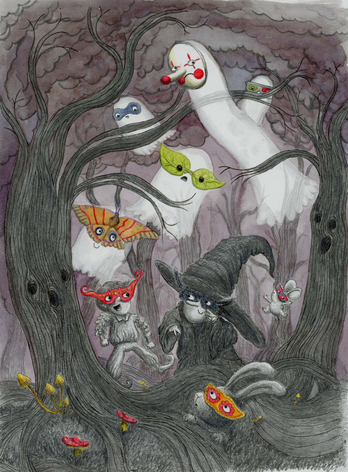 A children's book style illustration of two children dancing in a dark forest wearing masks, one in a witch costume, the other in a frilly shirt. Below them a rabbit peeks out from a hole and above ghosts in masks swirl in the air.