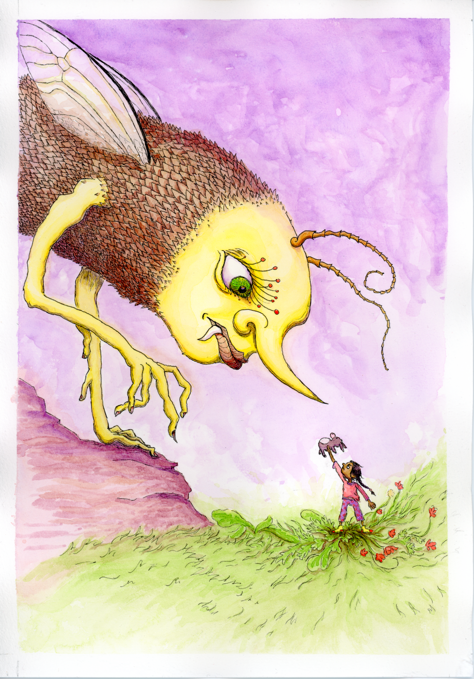 A children's book style illustration of a large mosquito-like creature with a human face and hands, emerging from a smoky violet background, looking down at a small child, who stands up bravely showing the monster her toy donkey as protection.