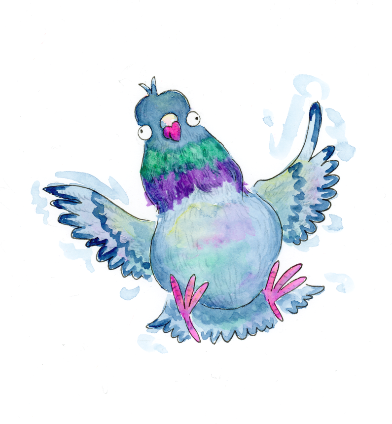 An illustrated children's picture book pigeon character. She is jumping in the air flapping her wings excitedly with a silly expression on her face.