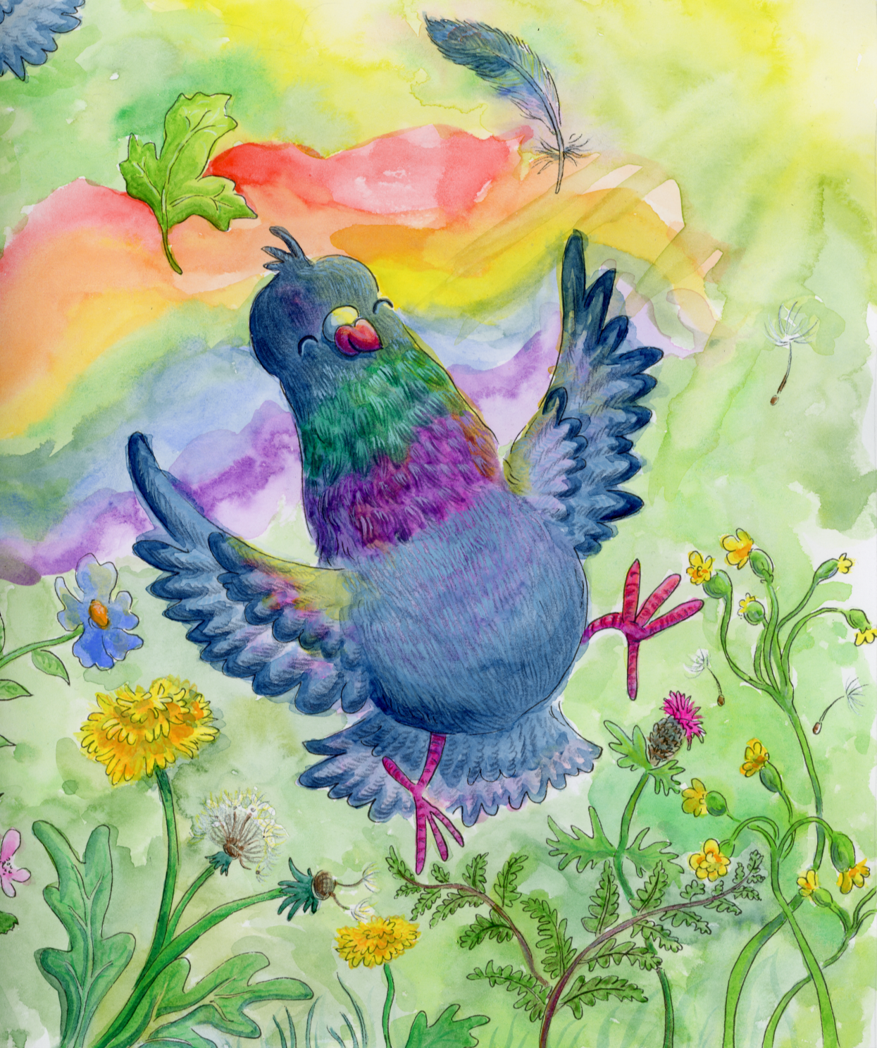 A children's book illustration of a pigeon character jumping in the air above dancing wildflowers. A watercolour rainbow flows behind her and a feather and a leaf float above her head. Sunbeams shine down on her through trees.