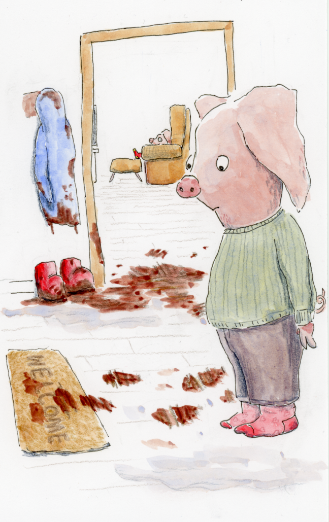 A children's book style illustration of a parent pig discovering muddy footprints in the entrance to the house. The little pig is in the other room in the background, watching with a guilty look from afar.