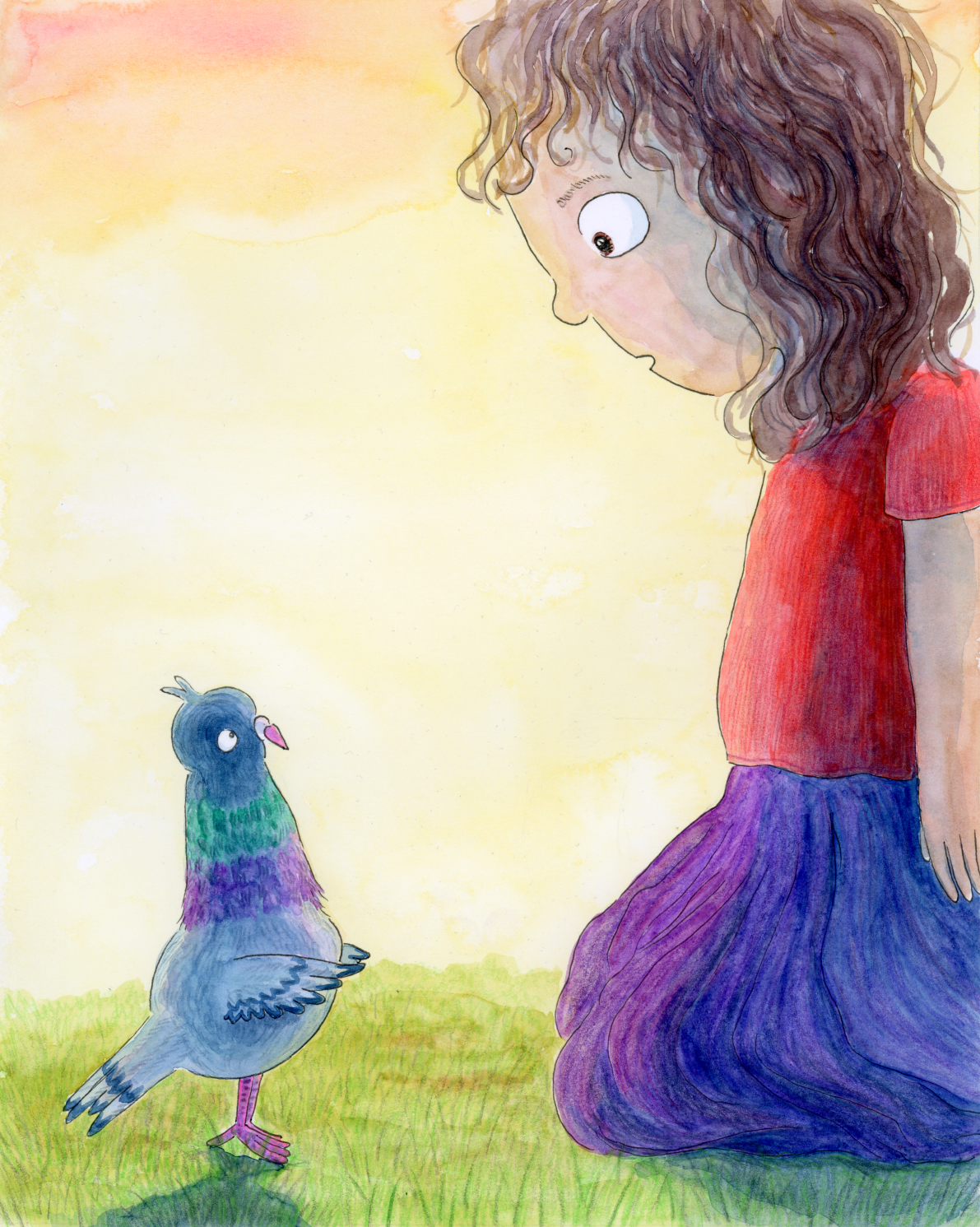 A children's book illustration of a pigeon meeting a child at sunset. The pigeon looks hopefully up at the child, who has scruffy hair and is wearing a red t-shirt and violet skirt, and is looking back down at the pigeon on the ground.