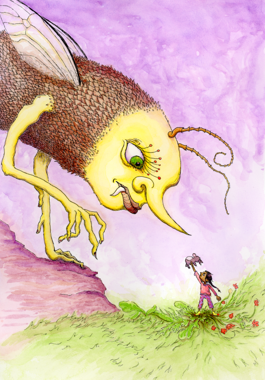 A children's book style illustration of a large mosquito-like creature with a human face and hands, emerging from a smoky violet background, looking down at a small child, who stands up bravely showing the monster her toy donkey as protection.