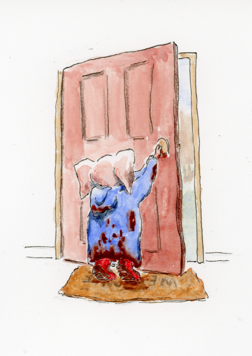 A children's book style illustration of a little pig in a very muddy blue raincoat and wellington boots is coming in from the garden, closing a door.