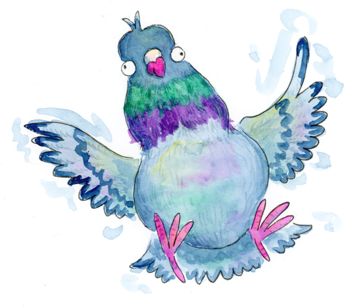 An illustrated children's picture book pigeon character jumping up in the air flapping her wings excitedly. She has a silly expression on her face.