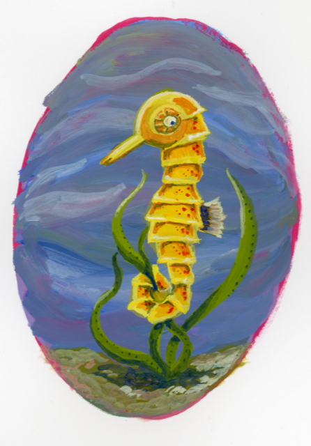 A gouache children's book style illustration of a yellow seahorse. It has orange spots and a large eye, and its tail is wrapped around some strands of seaweed growing from the seabed.