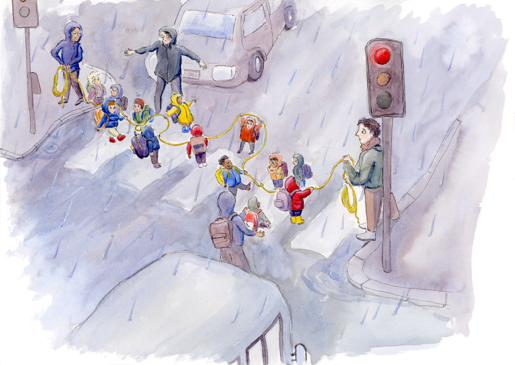 A children's picture book style illustration of four adults nervously trying to guide a large group of chaotic children across a road! Two of the adults hold the ends of a yellow rope, which all the children are supposed to hold along its length.