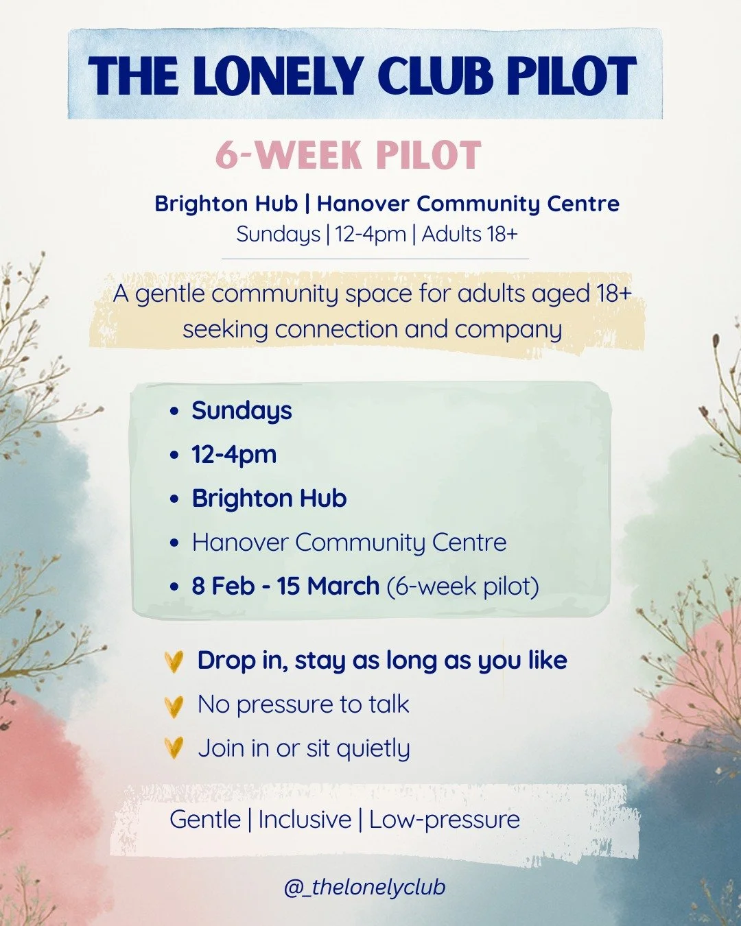 I&rsquo;m so pleased to finally be sharing this! 🎉

The Lonely Club Pilot will be running in Brighton from February - a gentle, low-pressure community space for adults aged 18+ who may be looking for connection, company, or simply a place to be.

📍