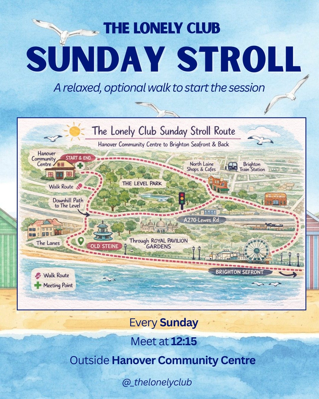 JUST 4 WEEKS TO GO! 

As part of the Lonely Club: Brighton Hub pilot, we&rsquo;re starting each drop-in with a relaxed Sunday Stroll - a low-pressure, optional walk to ease into the space together.

We&rsquo;ll follow the same (or very similar) route