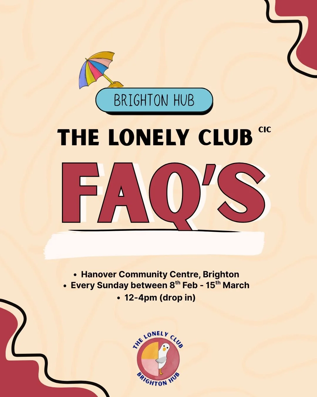 We&rsquo;re nearly there!! 🥹💛

Ahead of the launch this Sunday, I&rsquo;m sharing some FAQs about The Lonely Club Brighton Hub (full details are on the Lonely Club website - link in my bio 👀).

✨ The essentials:
&bull; Every Sunday from 8th Feb &n