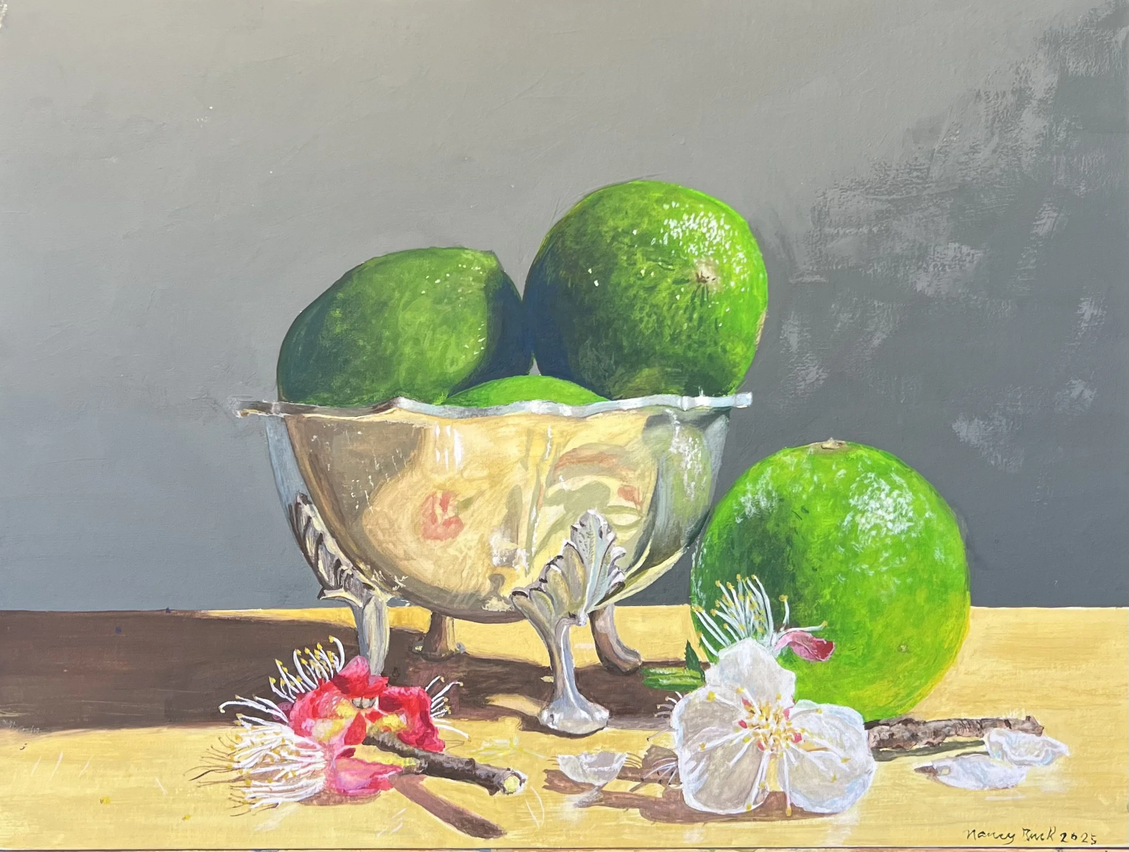 Limes in a Silver Bowl With Apricot Blossoms, 2025. Gouache on canvas board, 9" x 12" , Available, 460 Swiss Francs 