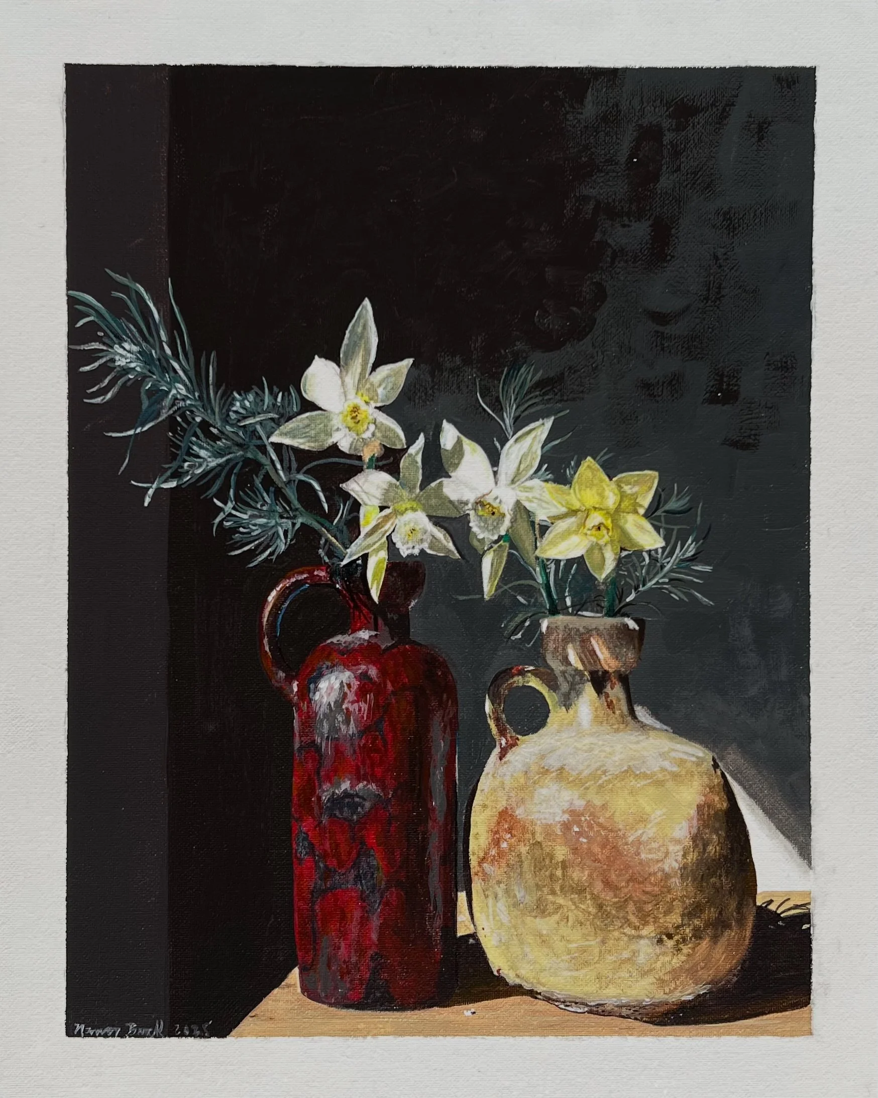 Rosemary and Daffodils, 2025. Gouache on canvas board 24 cm x 30 cm SOLD