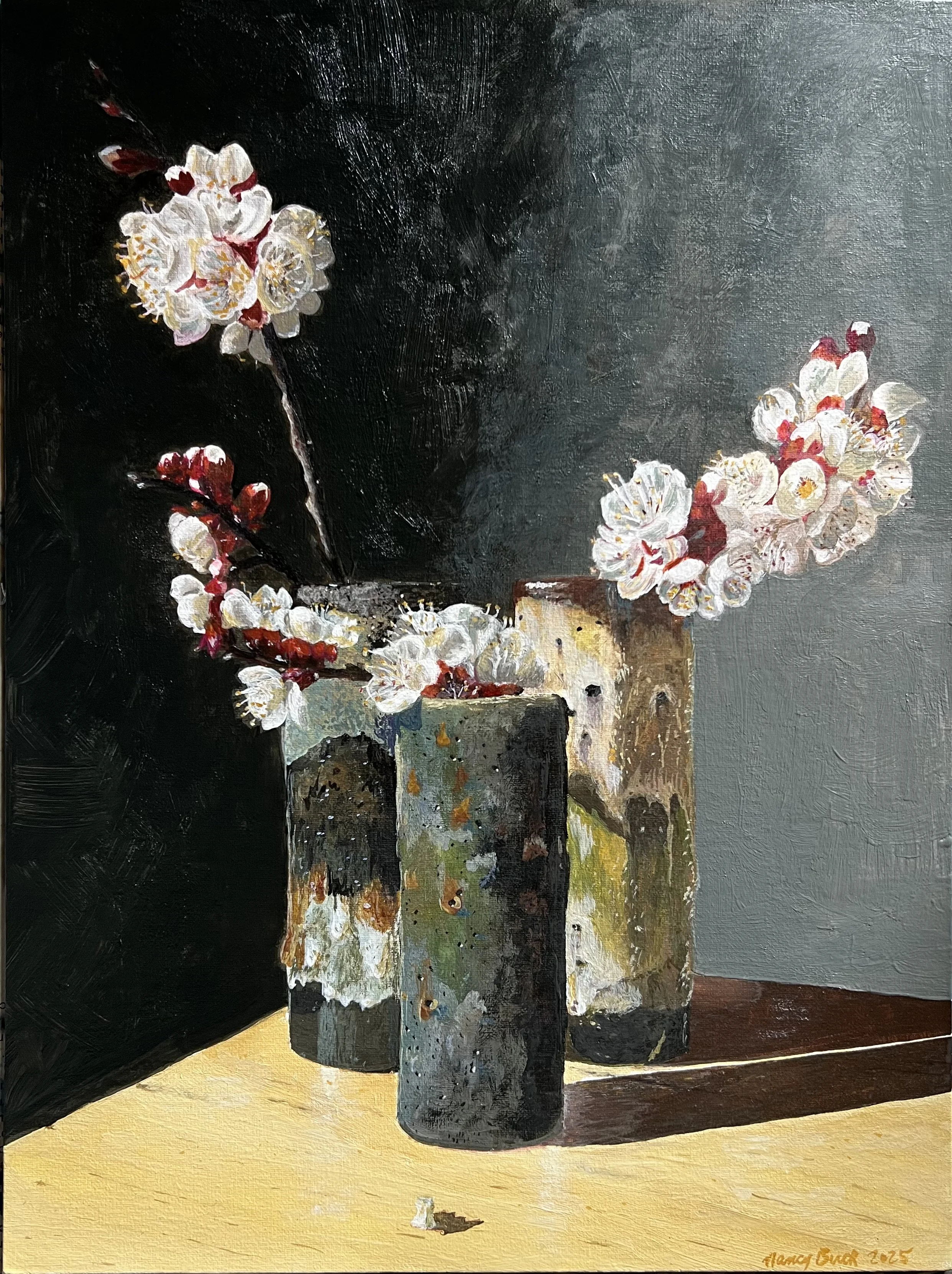 Fat Lava With Apricot Blossoms, 2025. Gouache and Acrylic on canvas board, 12" x 9" Available 460 Swiss Francs