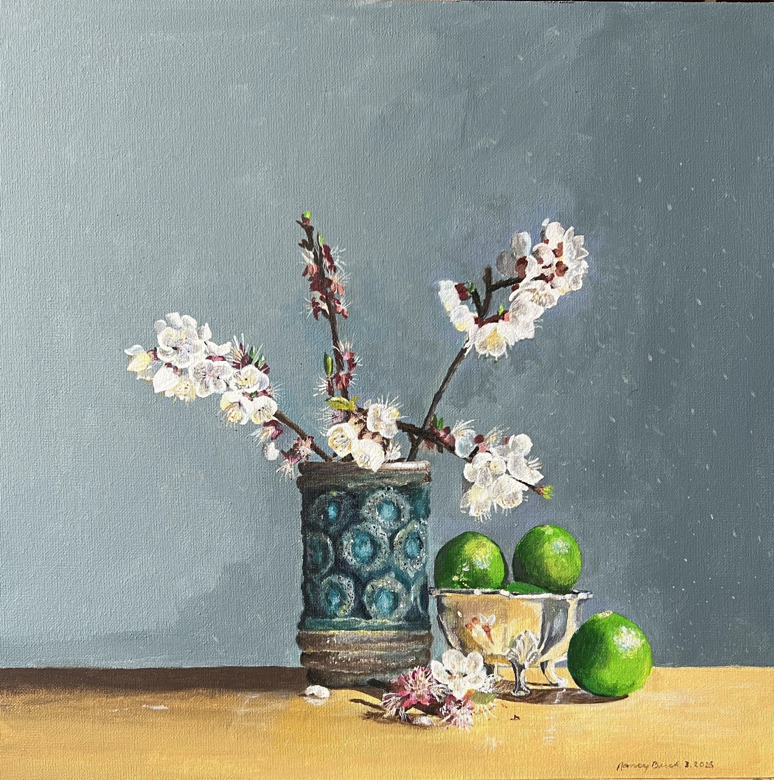 Apricot Blossoms In Turquoise Vase, 2026, Acrylic on canvas board, 30 cm x 30 cm, 550 Swiss Francs 