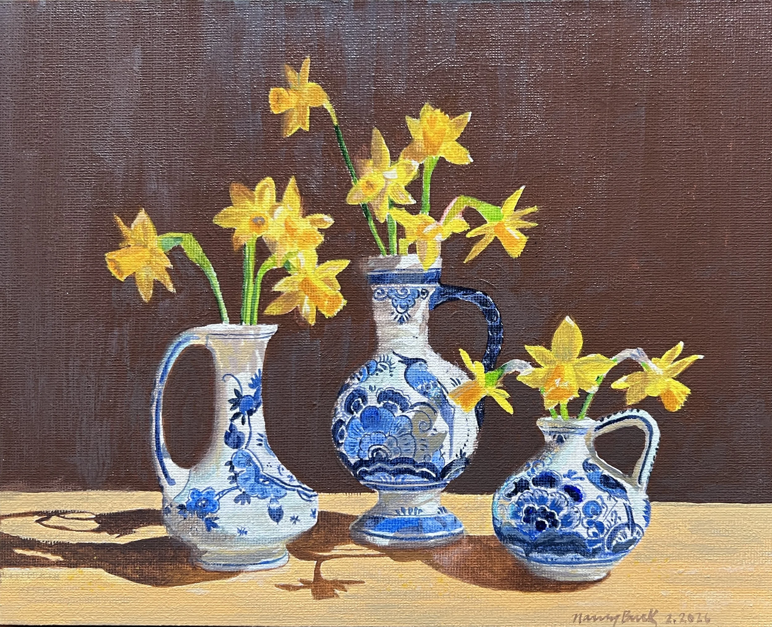 Daffodils In Delfts Vases, 2026, Gouache on canvas board, 9" x 12", 460 Swiss Francs