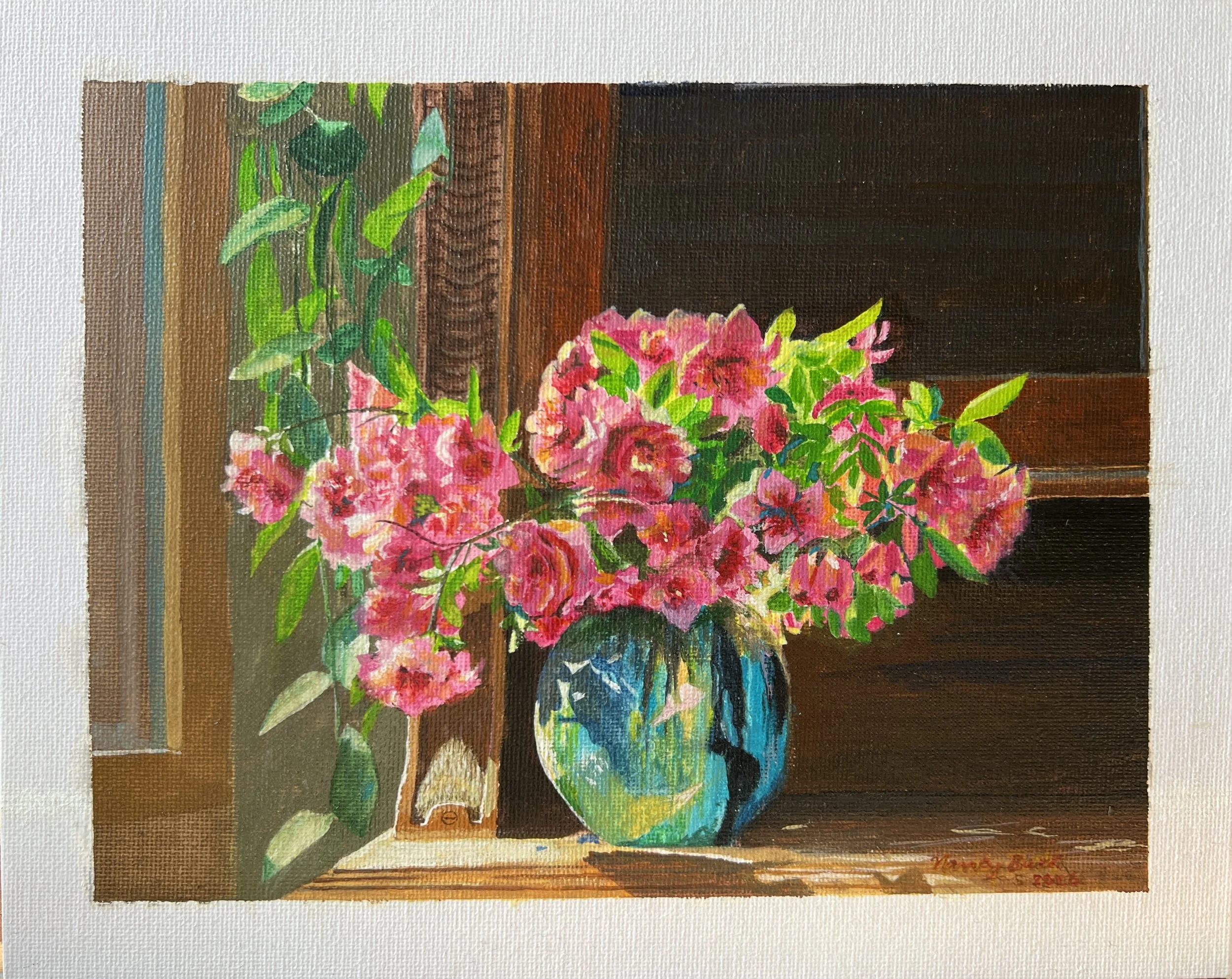 Azaleas By A Sunny Window, 2026, Gouache on canvas board, 9" x 12", 460 Swiss Francs