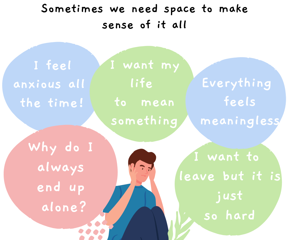 Illustration of a person thinking about anxiety, depression, self-worth, loneliness and relationship challenges – counselling in Stockwell and online UK.