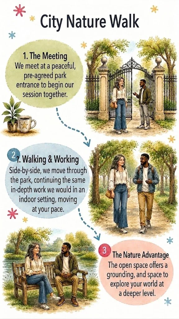 Walking therapy and counselling in nature with therapist and client walking together outdoors near Stockwell