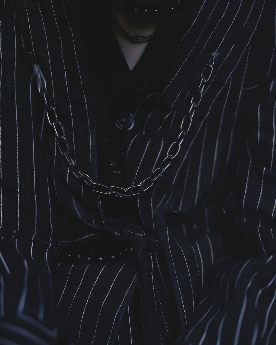 imagem editorial escura de uma corrente atravessando um blazer