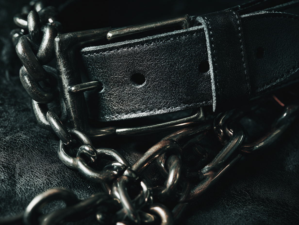 imagem em close de um cinto de couro preto com correntes