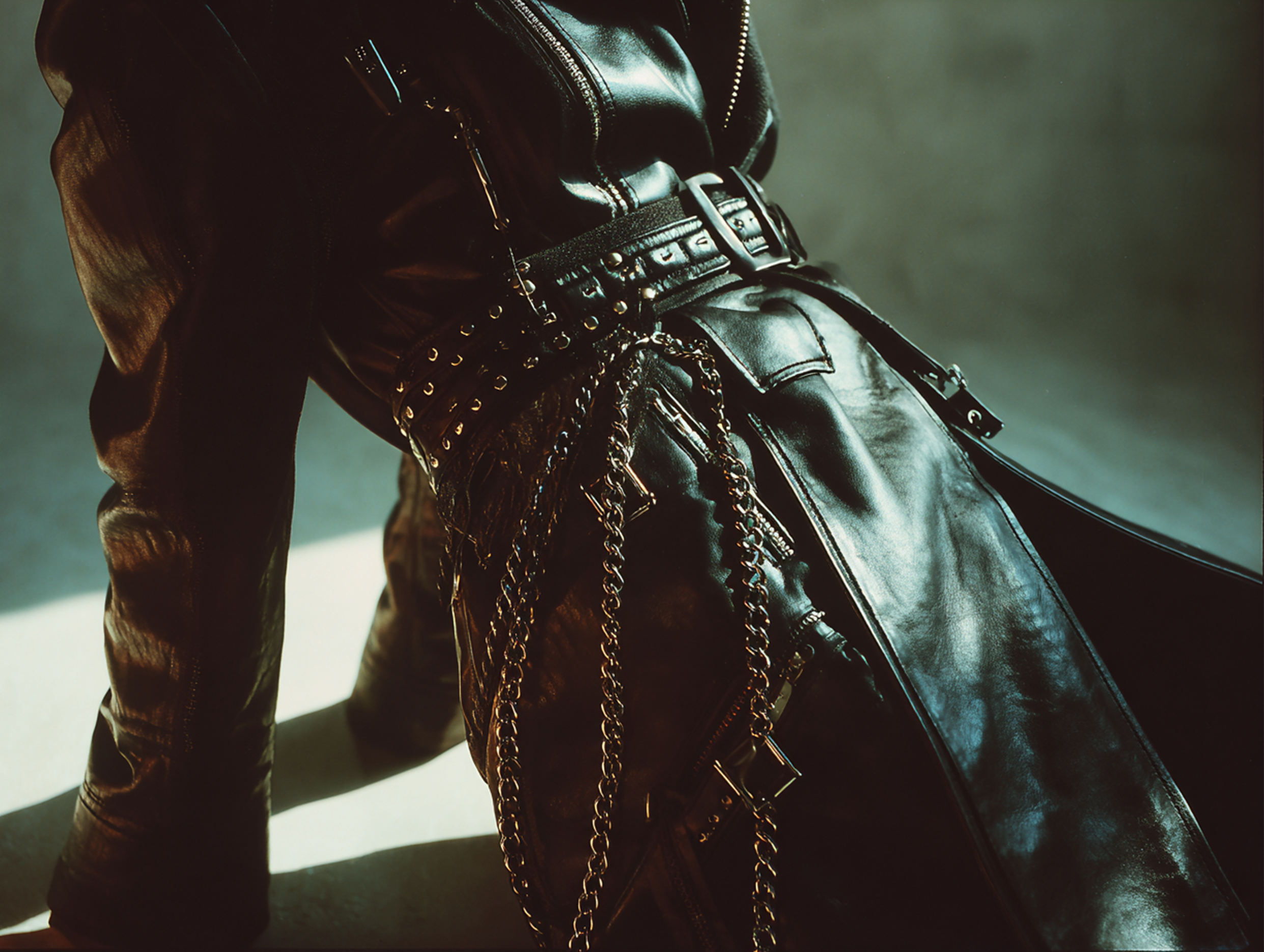 Person trägt einen schwarzen Leder-Trenchcoat mit Nietengürteln und Ketten