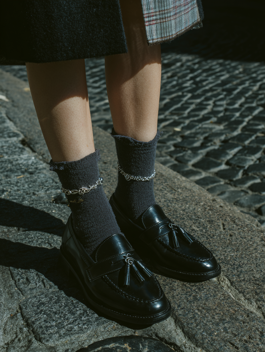 Nahaufnahme einer Frau, die schwarze Loafers und graue Socken trägt