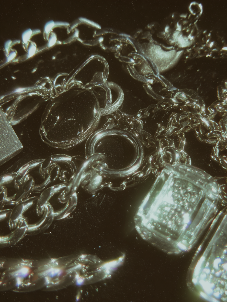 Nahaufnahme von Silberschmuck und Ketten