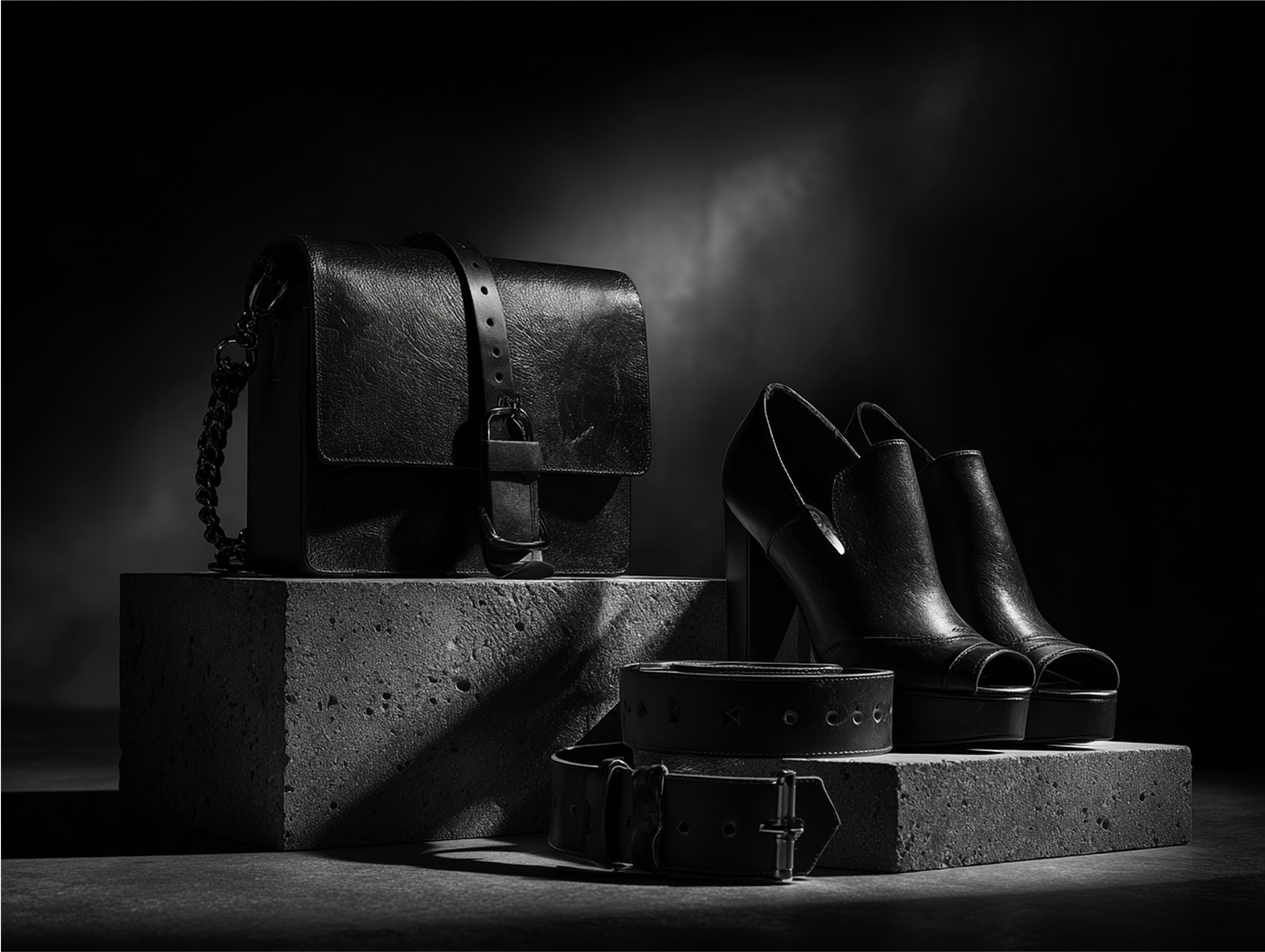 Bild einer schwarzen Umhängetasche, schwarzer Stiefel und eines schwarzen Gürtels