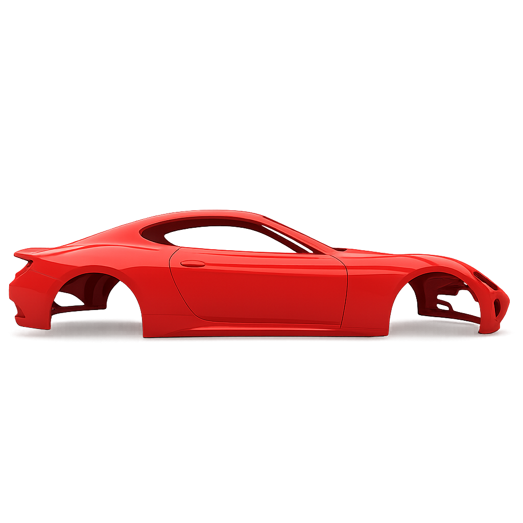 Modèle de carrosserie de voiture de sport rouge sans roues, vue latérale.