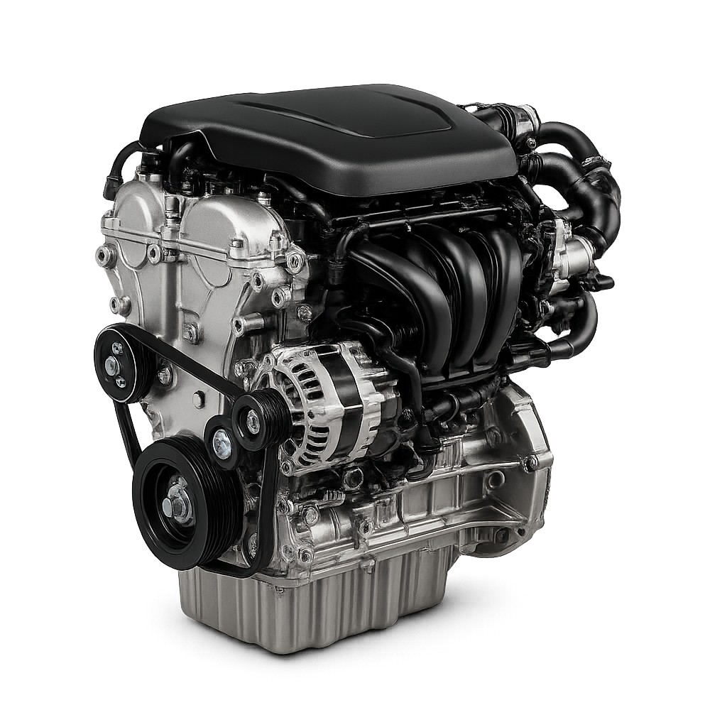 Moteur de voiture moderne en métal avec courroie de distribution visible.