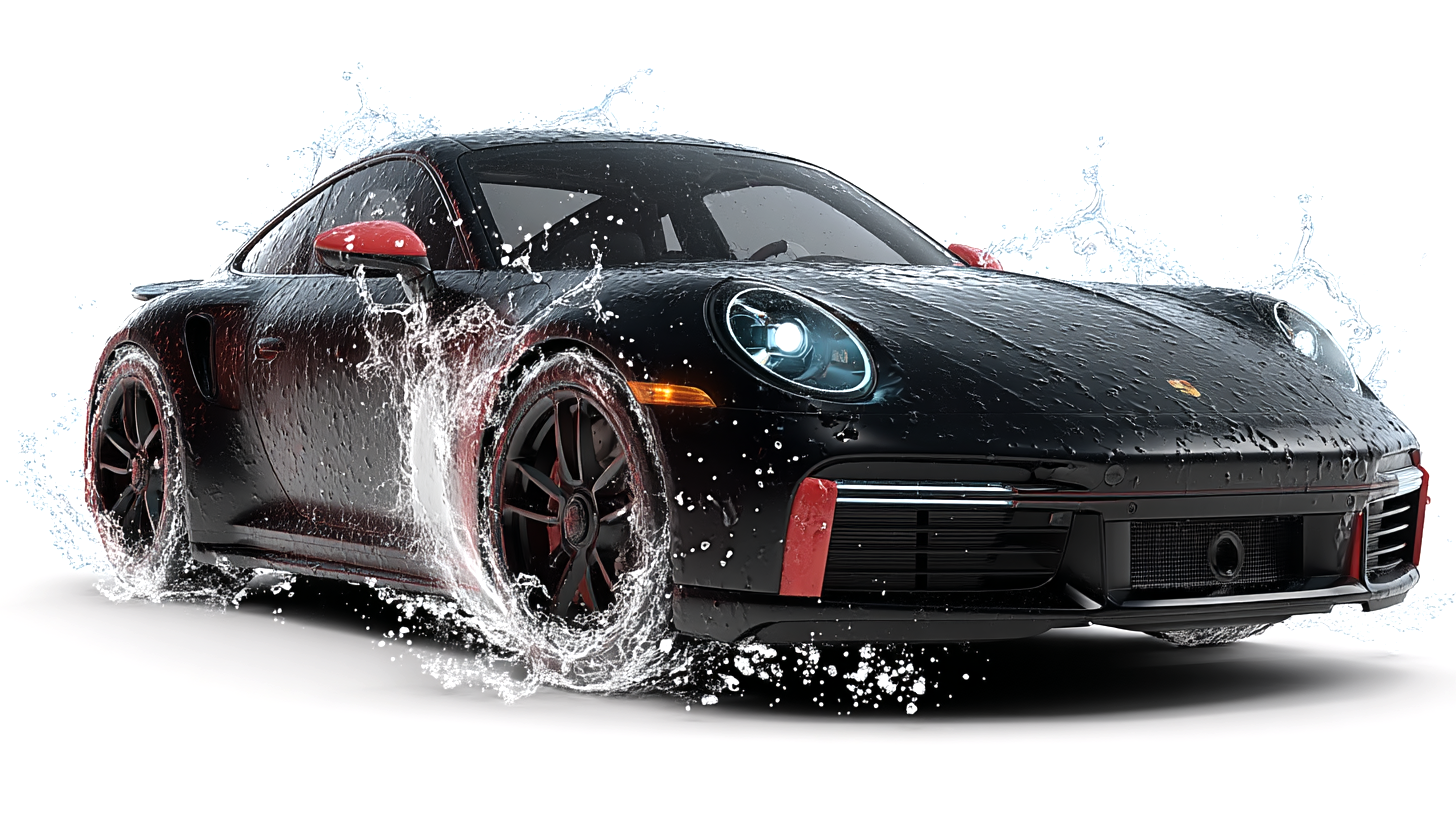 A black sports car with red accents splashing water as it drives on a wet surface.