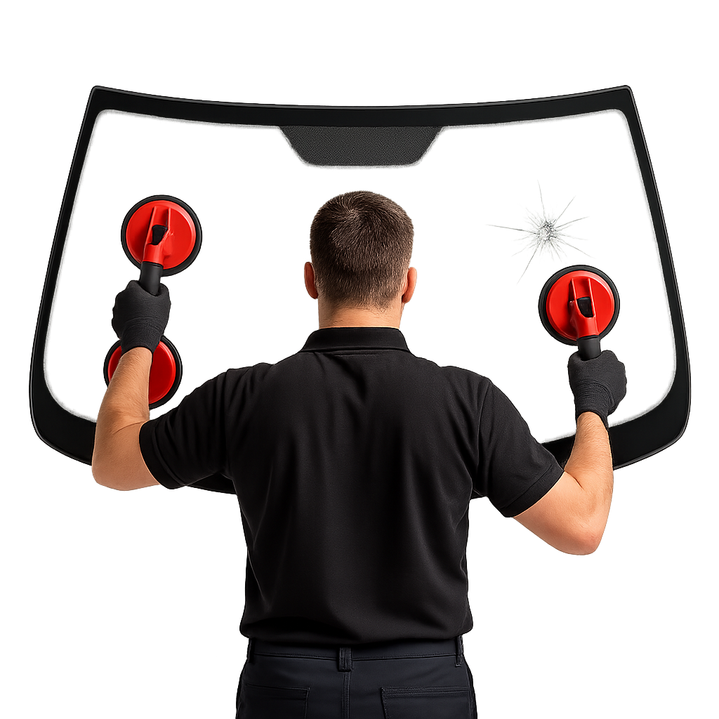 Une personne portant des gants noirs brise une vitre avec deux appareils de démolition, créant une éclat devant un fond noir.