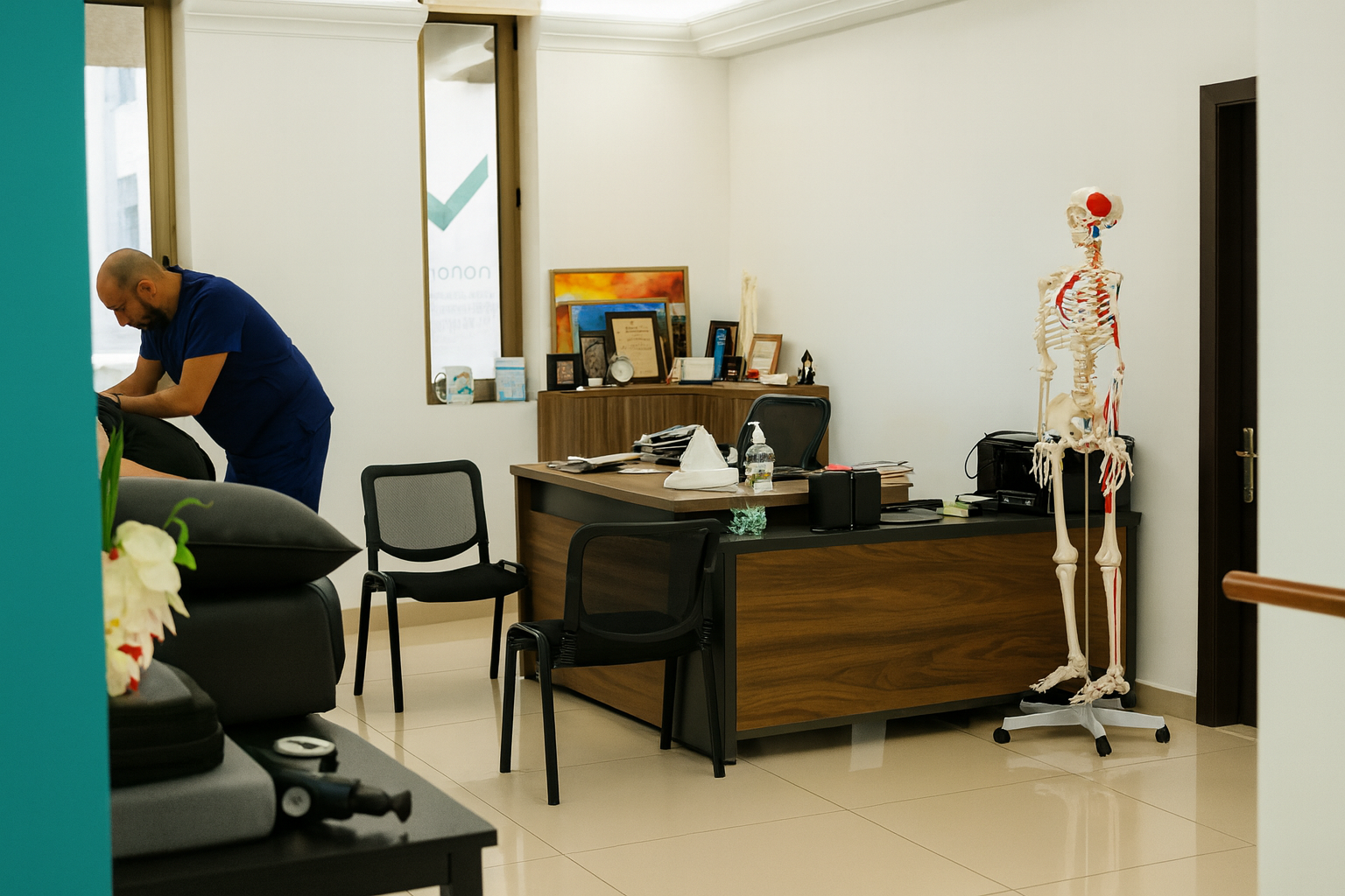 Office with a skeleton model in the corner, a man in medical scrubs standing near a chair, cluttered desk with papers and a bottle of hand sanitizer, framed certificates and artwork on a cabinet, and two empty chairs.