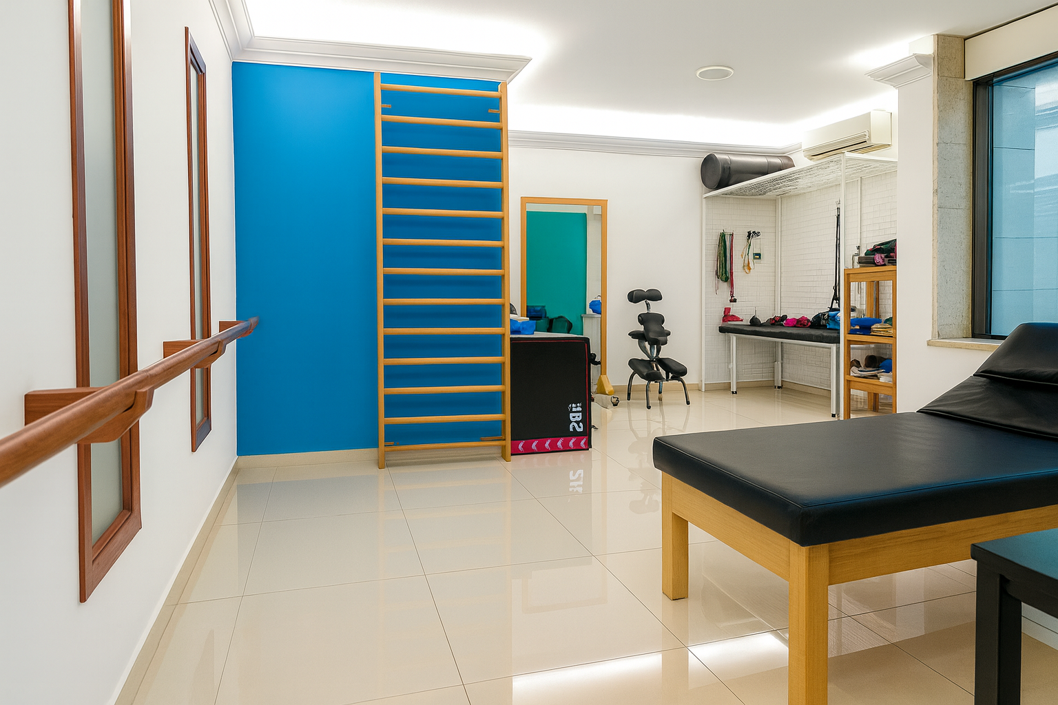 Therapy or fitness room with black treatment table, wooden ladder, blue wall, and various exercise or therapy equipment.