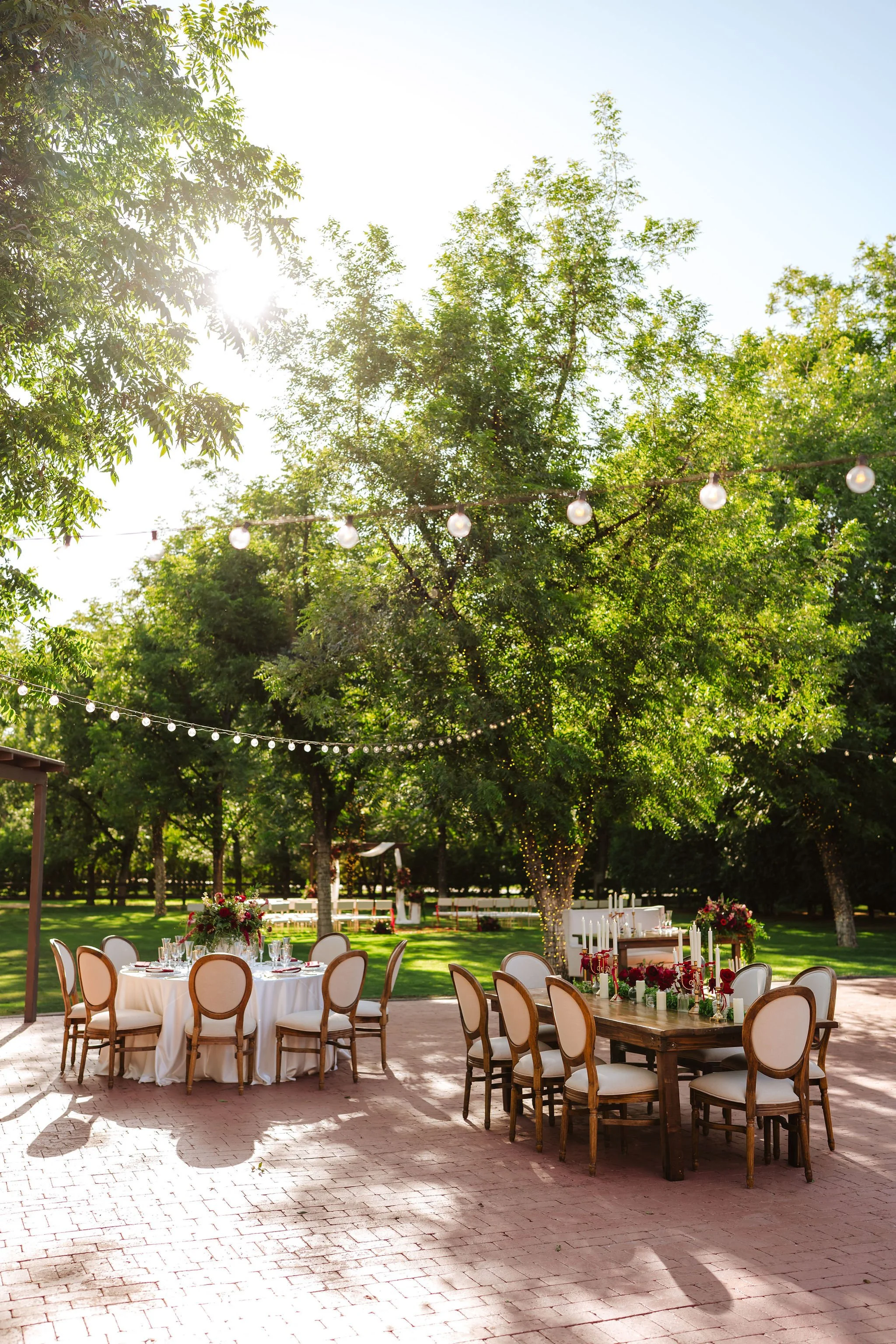 Outdoor garden wedding reception beneath the trees at Venue at the Grove in Phoenix.